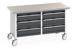 Bott Cubio Mobile Storage Workbench 1500mm wide x 750mm Deep x 840mm high supplied with a Linoleum worktop (particle board core with grey linoleum surface and plastic edgebanding) and 6 drawers (4 x 150mm high and 2 x 200mm high).... 1500mm Wide Storage Benches